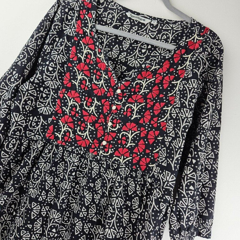 AYURVASTRAM Embroidered Blouse Womens XL Cotton Lightweight Travel Vacation